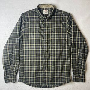 Fjallraven Stig Flannel Shirt Mens L Green Plaid Slim Fit Button Down Polyester